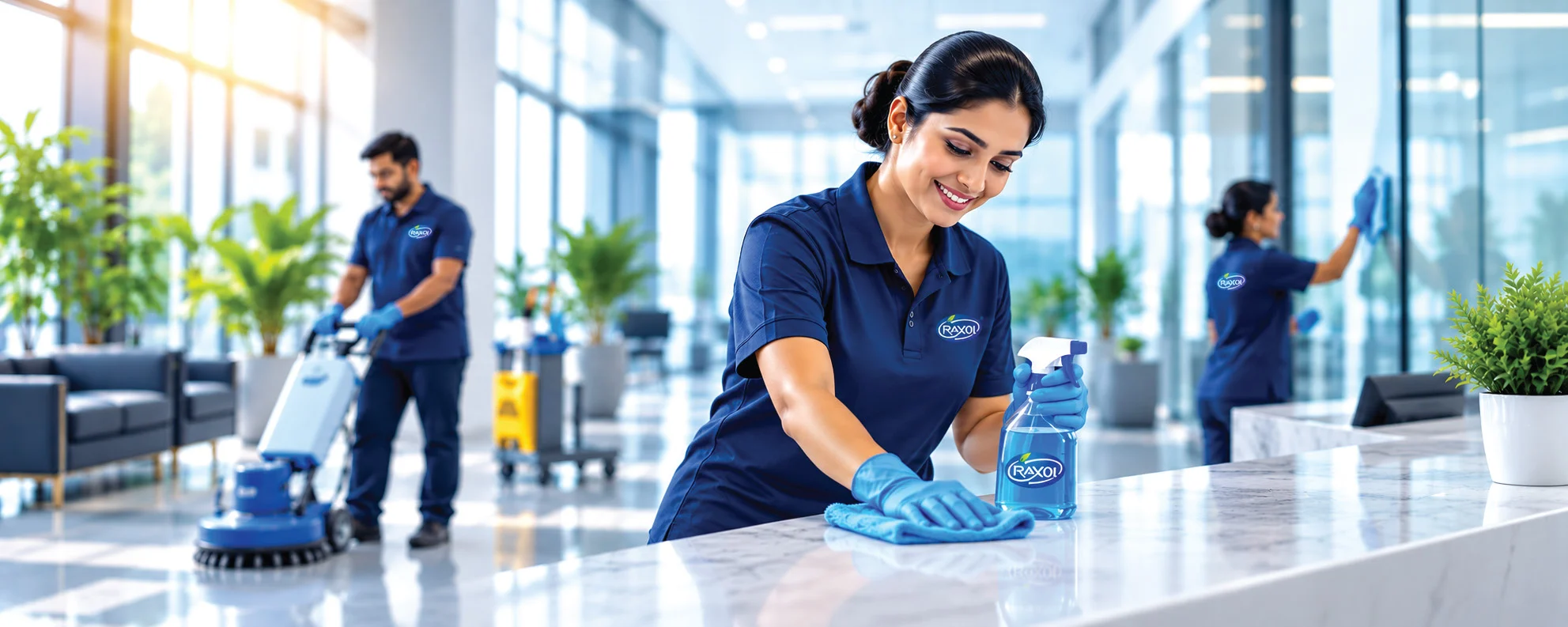 RAXOL-uniformed cleaning professional sanitising a surface in a bright commercial space